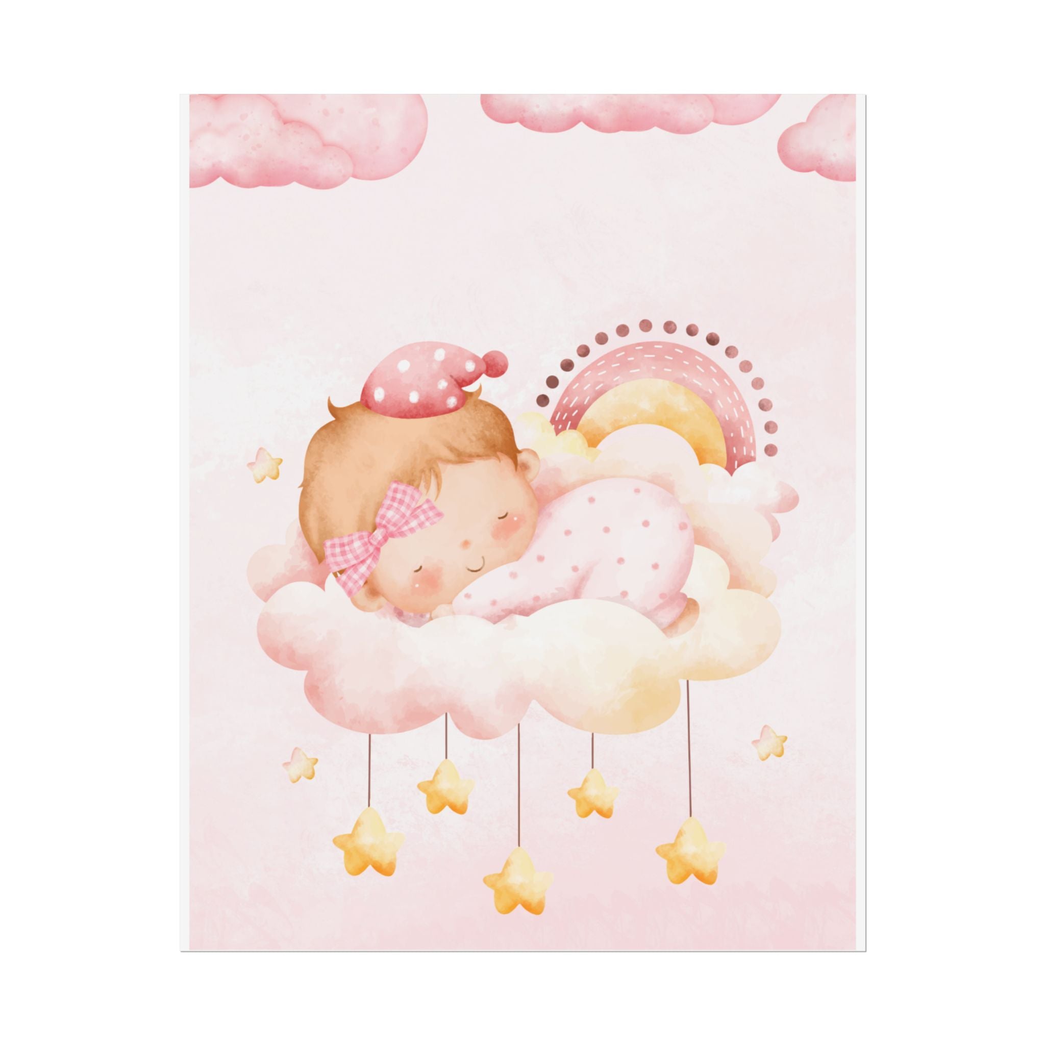 Baby Girl Nursery Poster – Sleeping Baby on Cloud Pink Wall Art