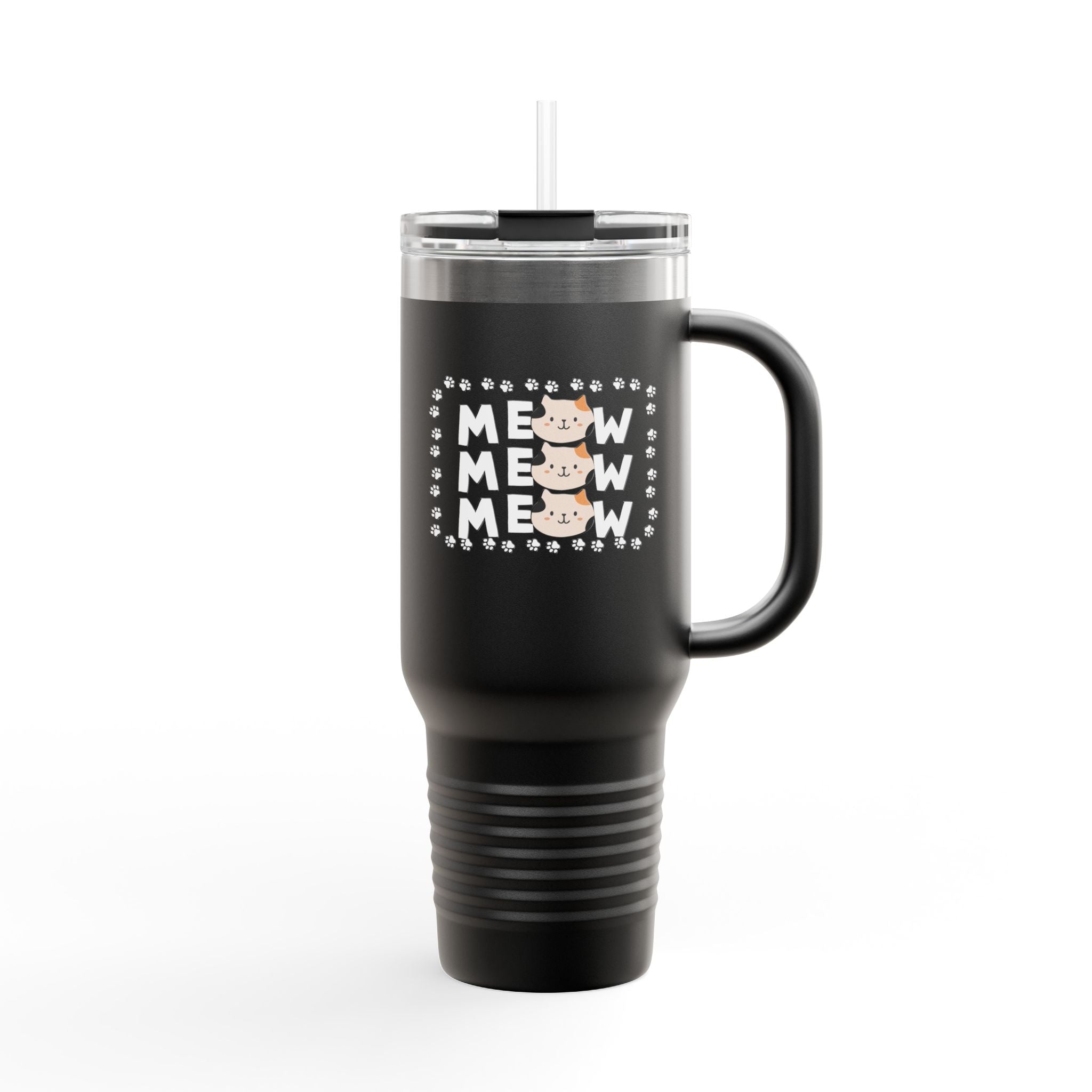 40oz Insulated Travel Mug — Red "MEOW MEOW" Cute Cat Paw Design