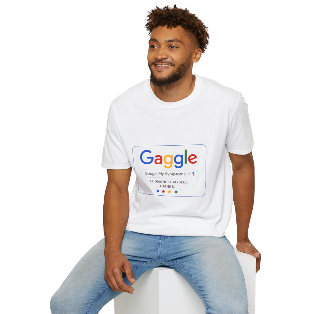 Gaggle Search Parody T-Shirt — "Gaggle: Google My Symptoms" Funny Tech-Inspired Tee