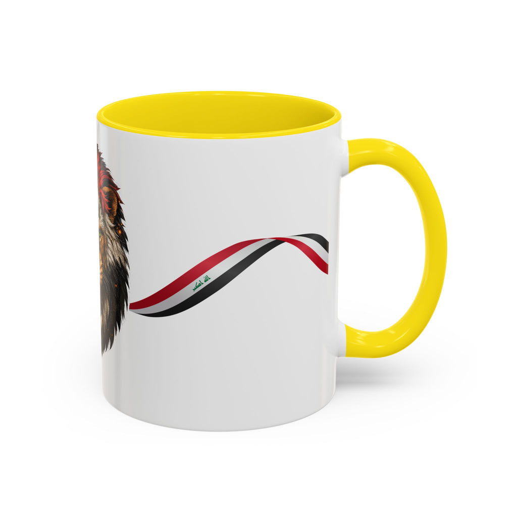 Iraq Lion Head Accent Coffee Mug with Arabic Script and Flag Ribbon – Patriotic Iraq Gift (11/15oz)