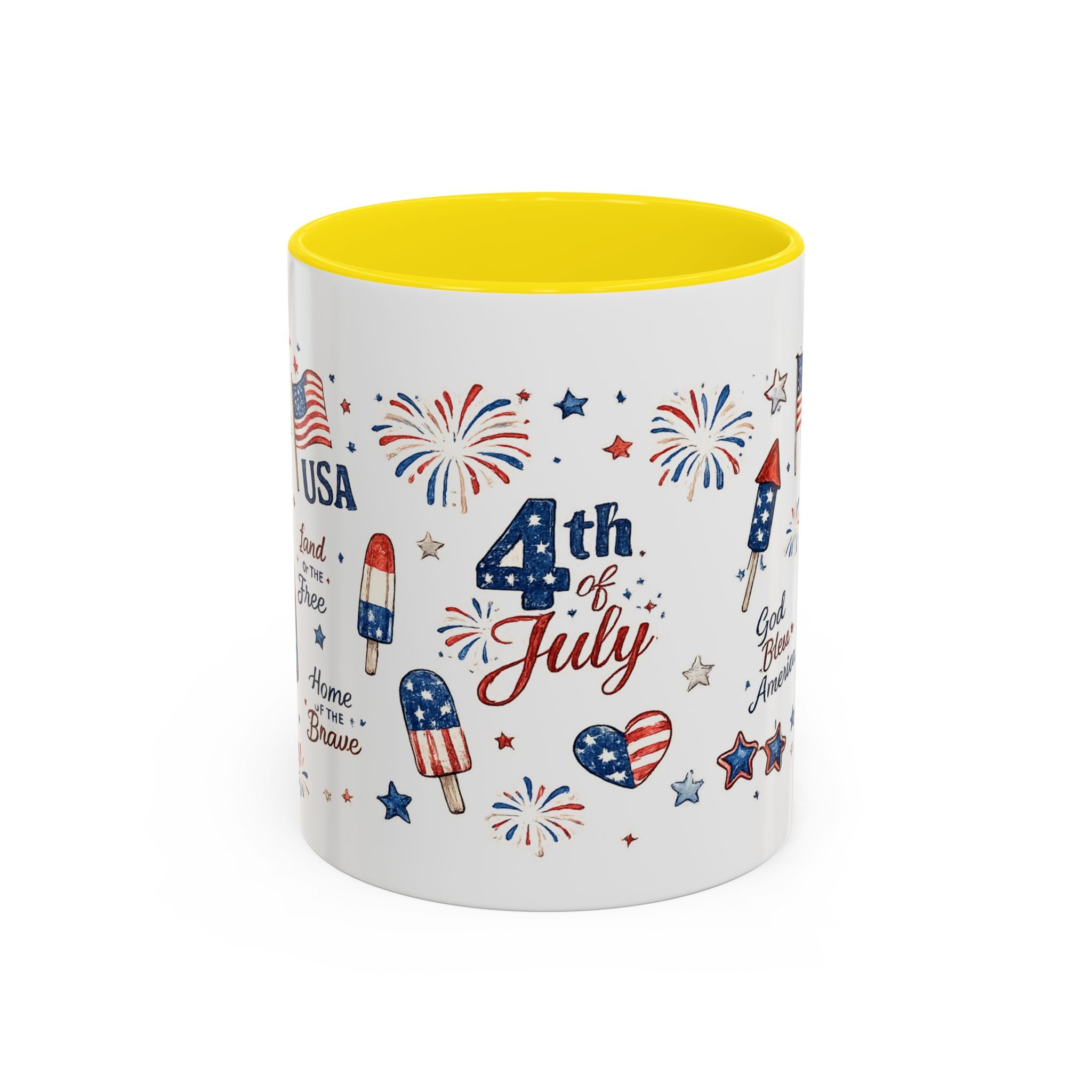 4th of July Accent Coffee Mug — Patriotic Fireworks & God Bless America Design (11oz)