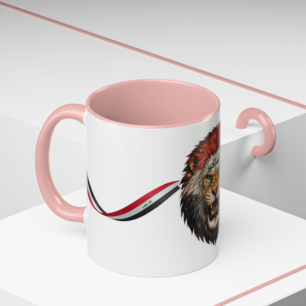 Iraq Lion Head Accent Coffee Mug with Arabic Script and Flag Ribbon – Patriotic Iraq Gift (11/15oz)