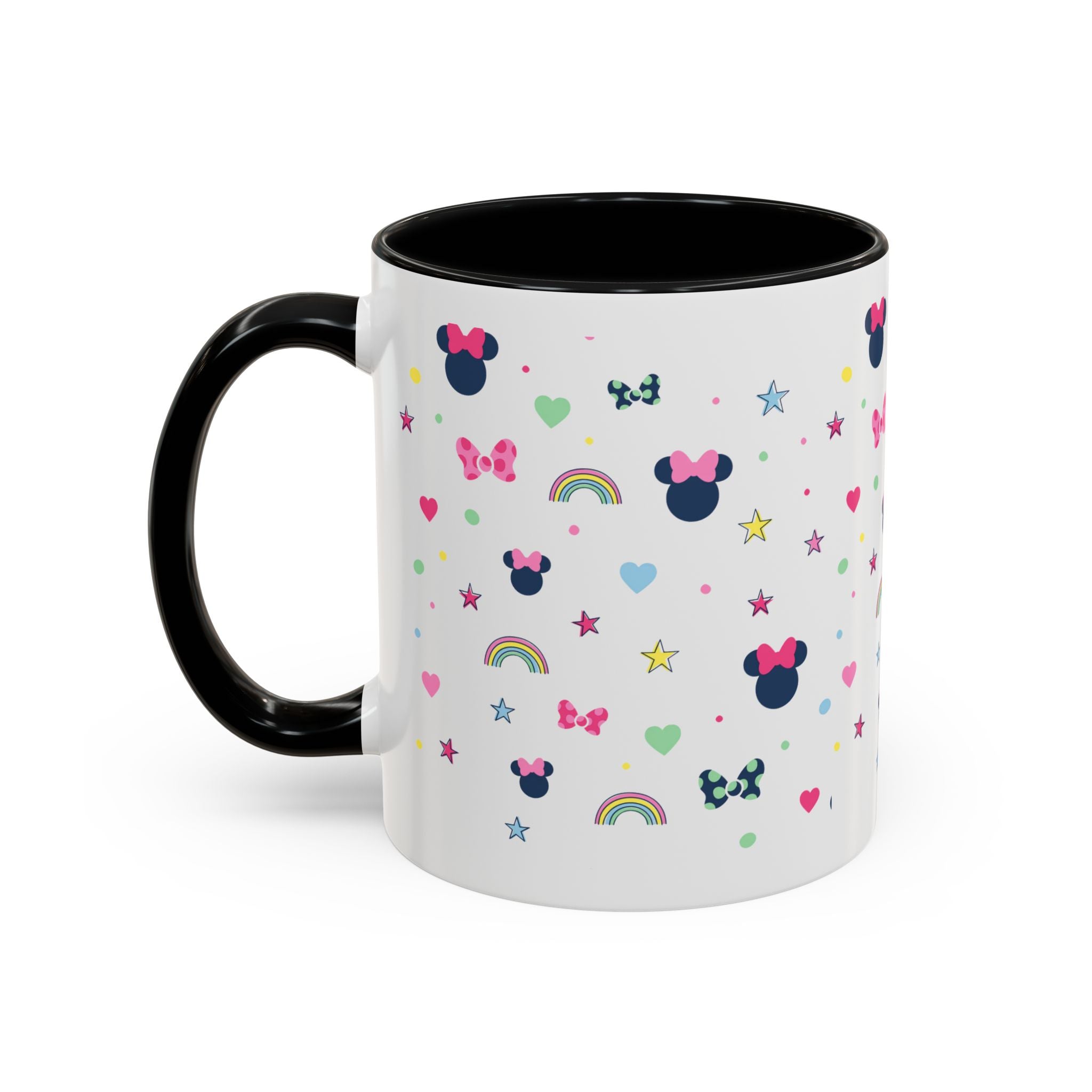 Minnie Dots Accent Coffee Mug — Cute Rainbow & Bow Pattern (11oz)