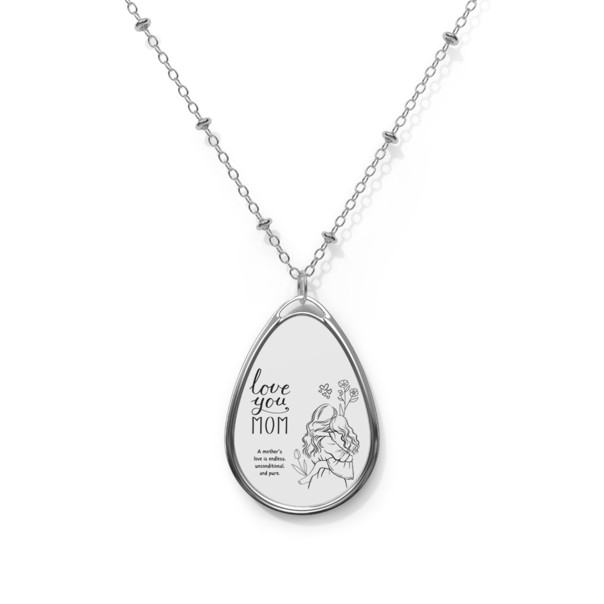 Love You Mom Oval Necklace — Engraved Teardrop Pendant for Mother’s Day