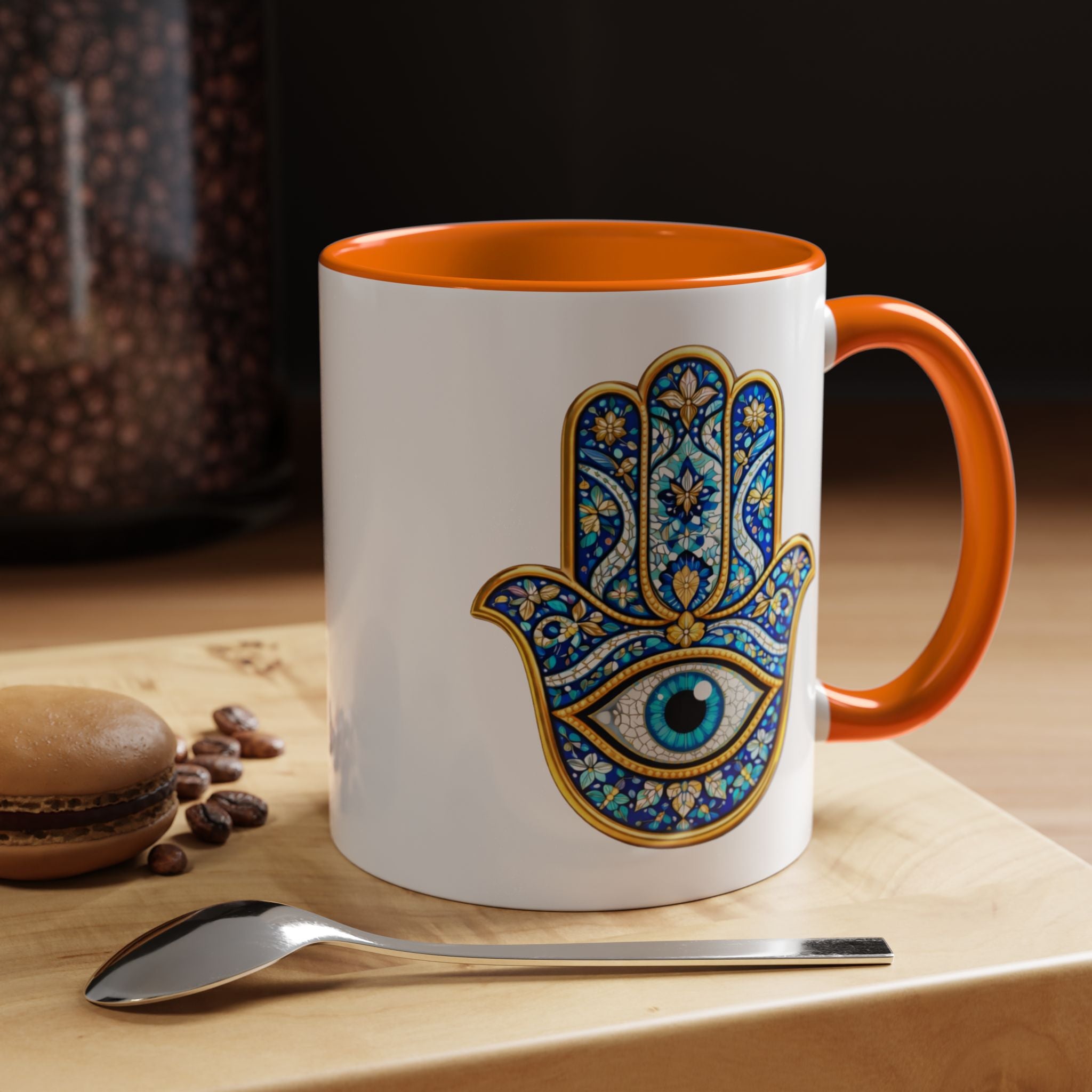 Hamsa Hand Accent Coffee Mug – Blue Protective Evil Eye Ceramic Mug (11/15oz)