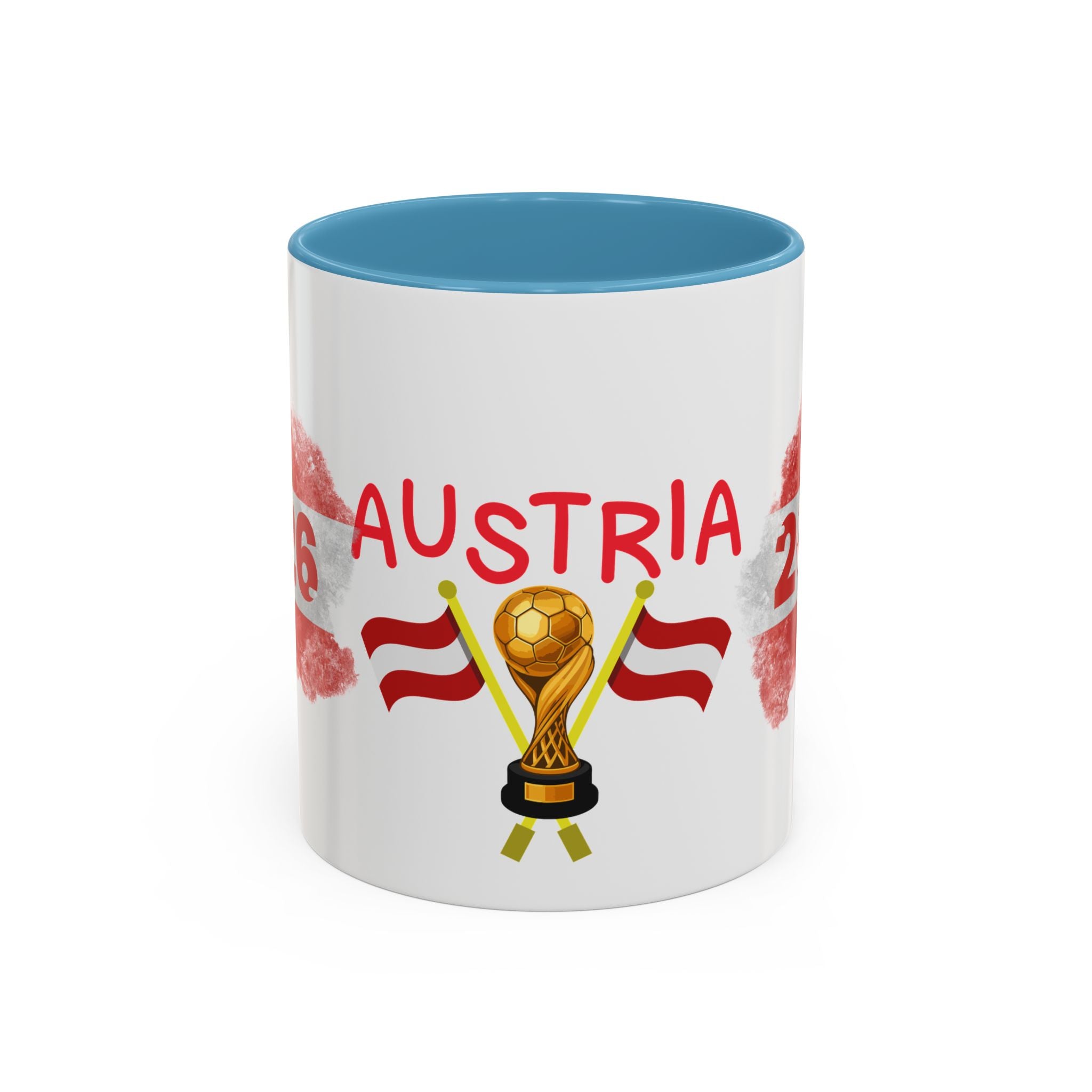 Austria 2026 Soccer Cup Accent Coffee Mug — Red Flag & Trophy Design (11/15oz)