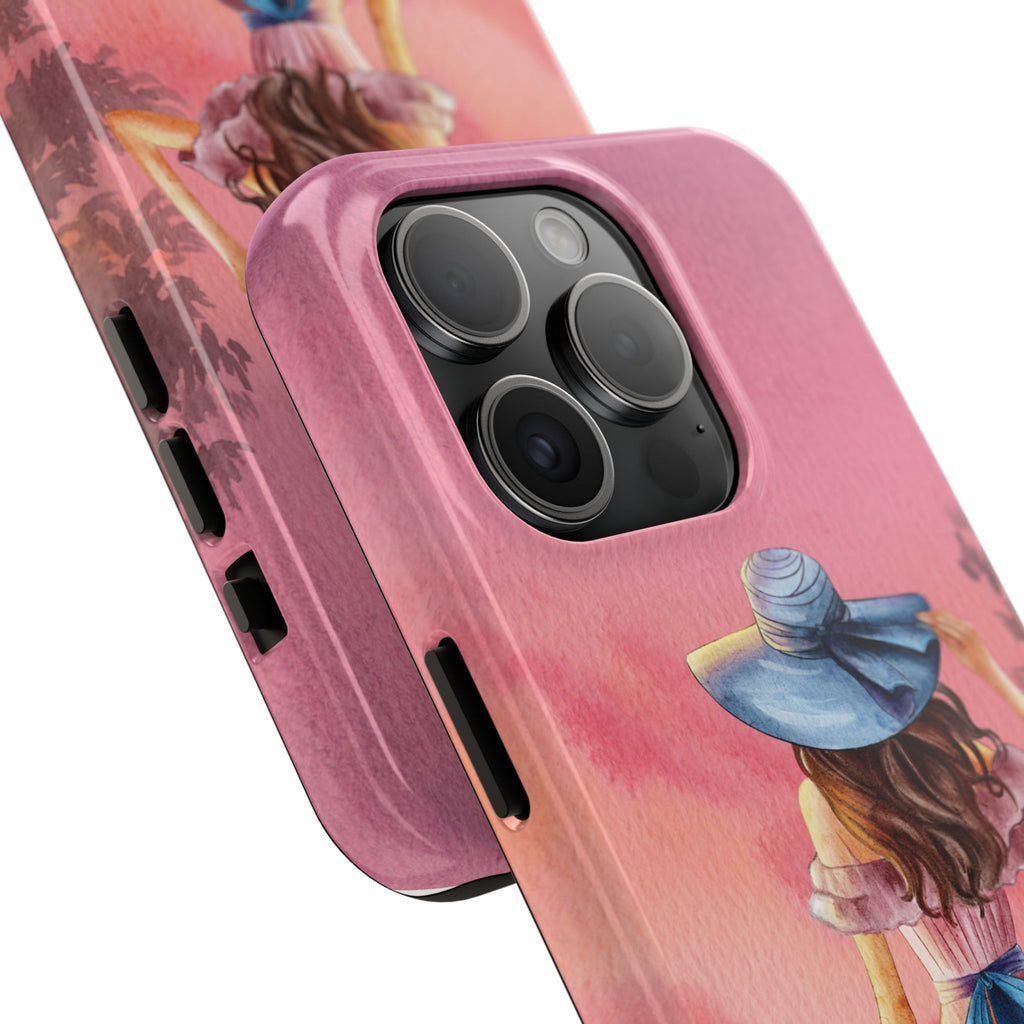 Pastel Picnic Girl Phone Case — Protective Tough Phone Case with Watercolor Sunset Design