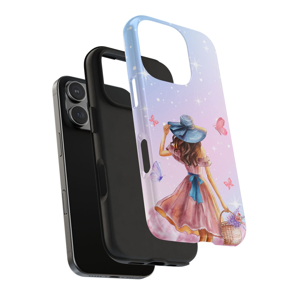 Pastel Girl with Hat Phone Case — Floral Basket Butterfly Tough Phone Case