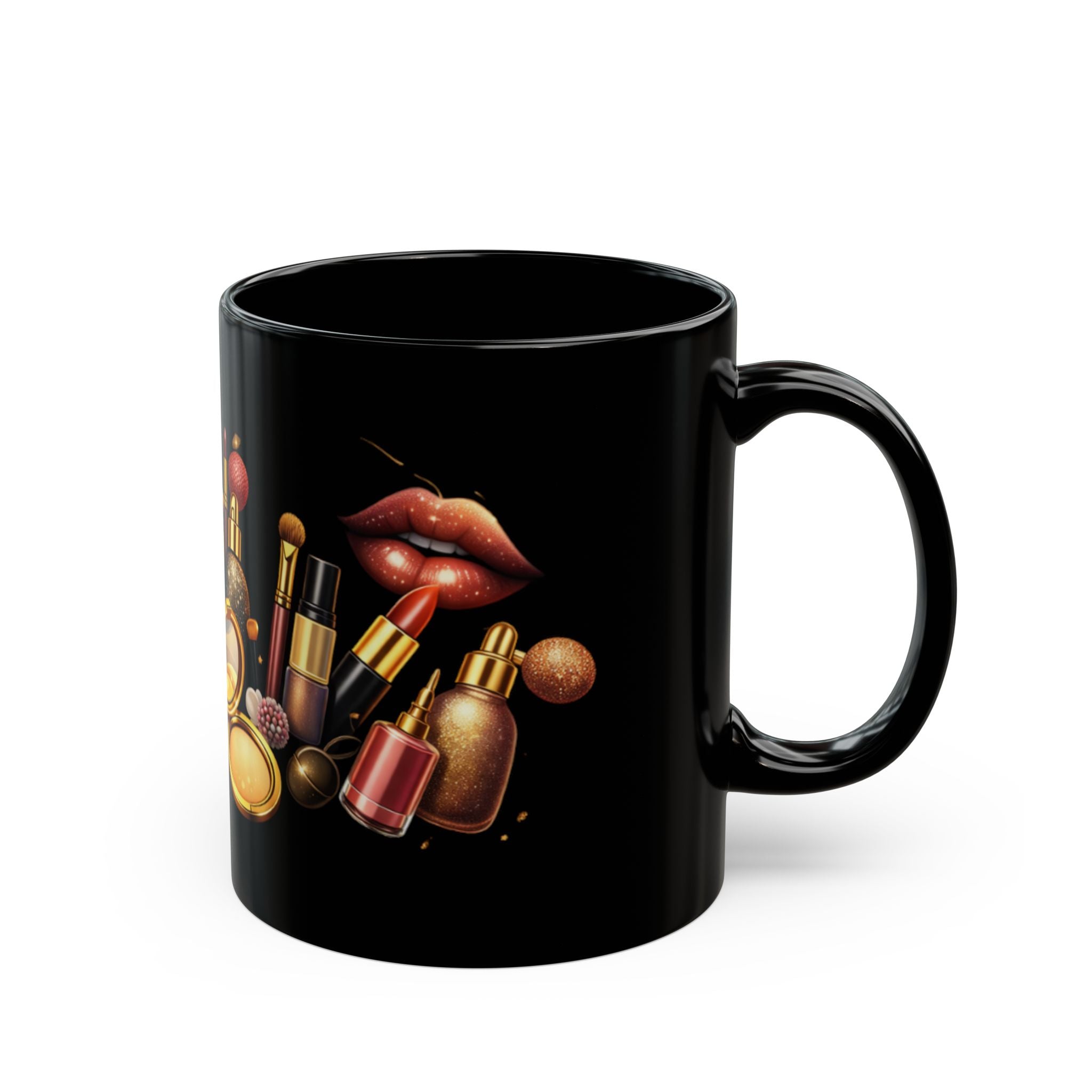 Makeup Lover Black Ceramic Mug — Cosmetic Brush & Lipstick Coffee Cup (11oz/15oz)