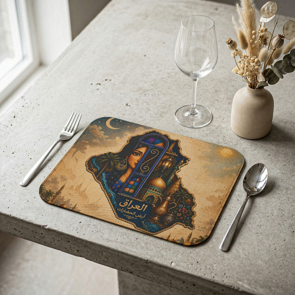 Iraq Map Leather Placemat — Vintage Middle Eastern Art Table Mat
