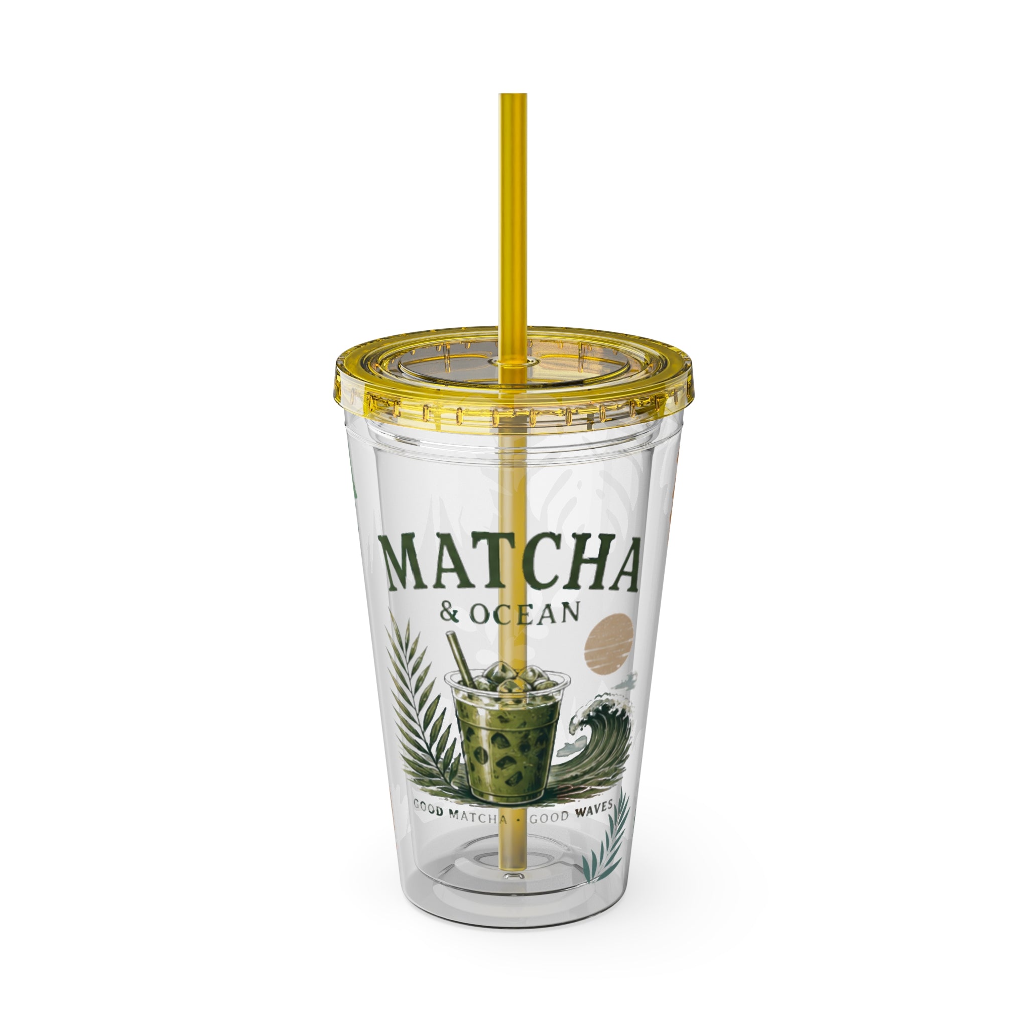 Matcha & Ocean 16oz Tumbler with Straw — Tropical Leaf Sunsplash Design