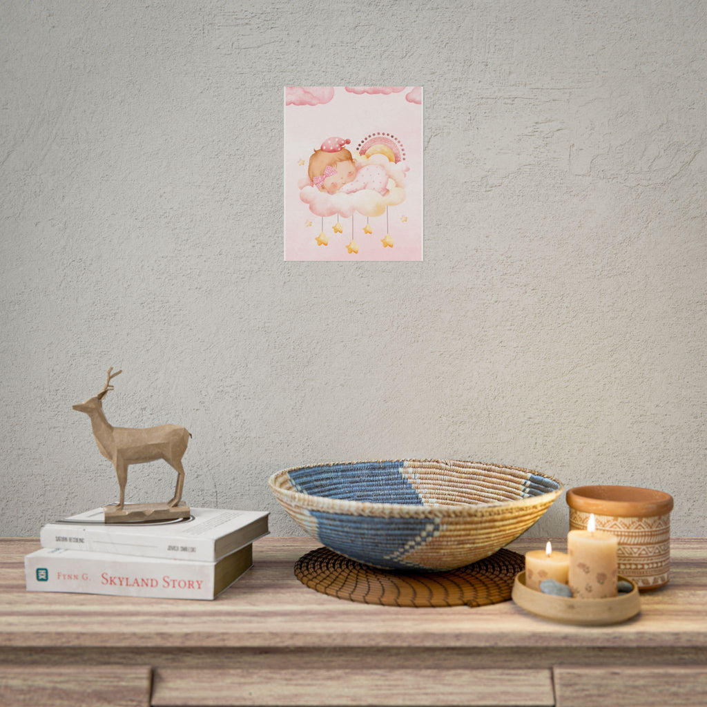 Baby Girl Nursery Poster – Sleeping Baby on Cloud Pink Wall Art