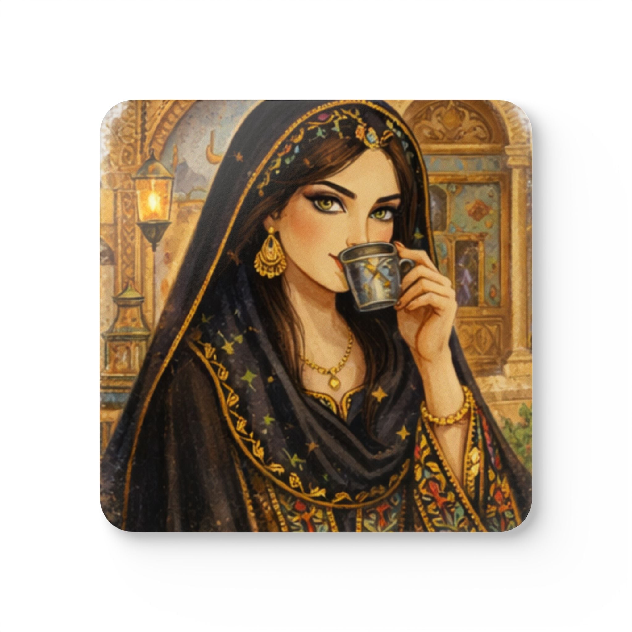 Middle Eastern Coffee Woman Cork Coaster Set — Decorative Drink Coasters