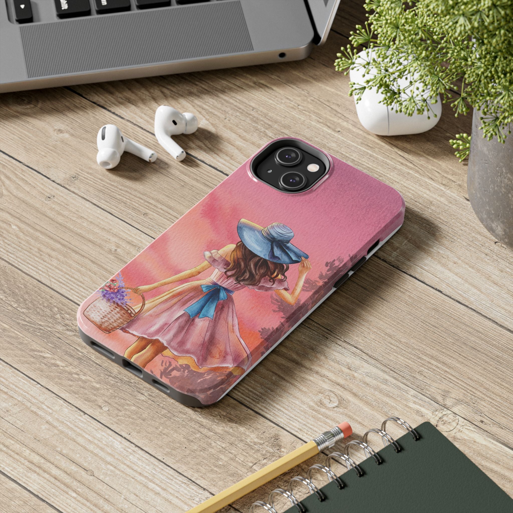 Pastel Picnic Girl Phone Case — Protective Tough Phone Case with Watercolor Sunset Design
