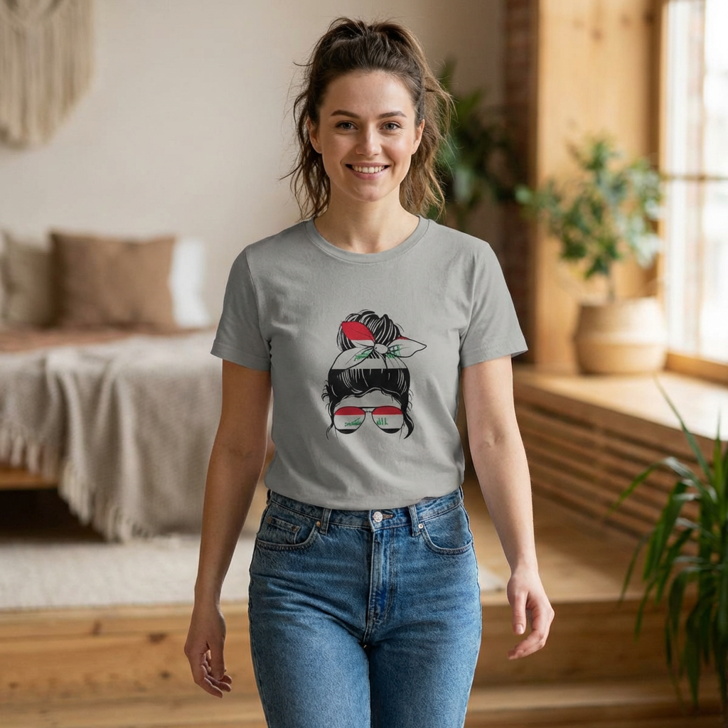 Women’s Graphic Tee — Messy Bun with Sunglasses & Bandana