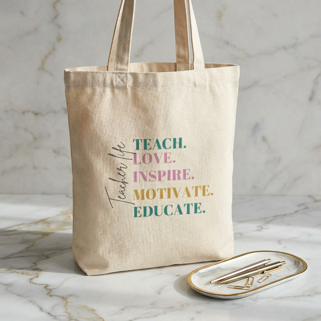 Teacher Tote Bag — "Teach. Love. Inspire. Motivate. Educate." Canvas Gift for Educators