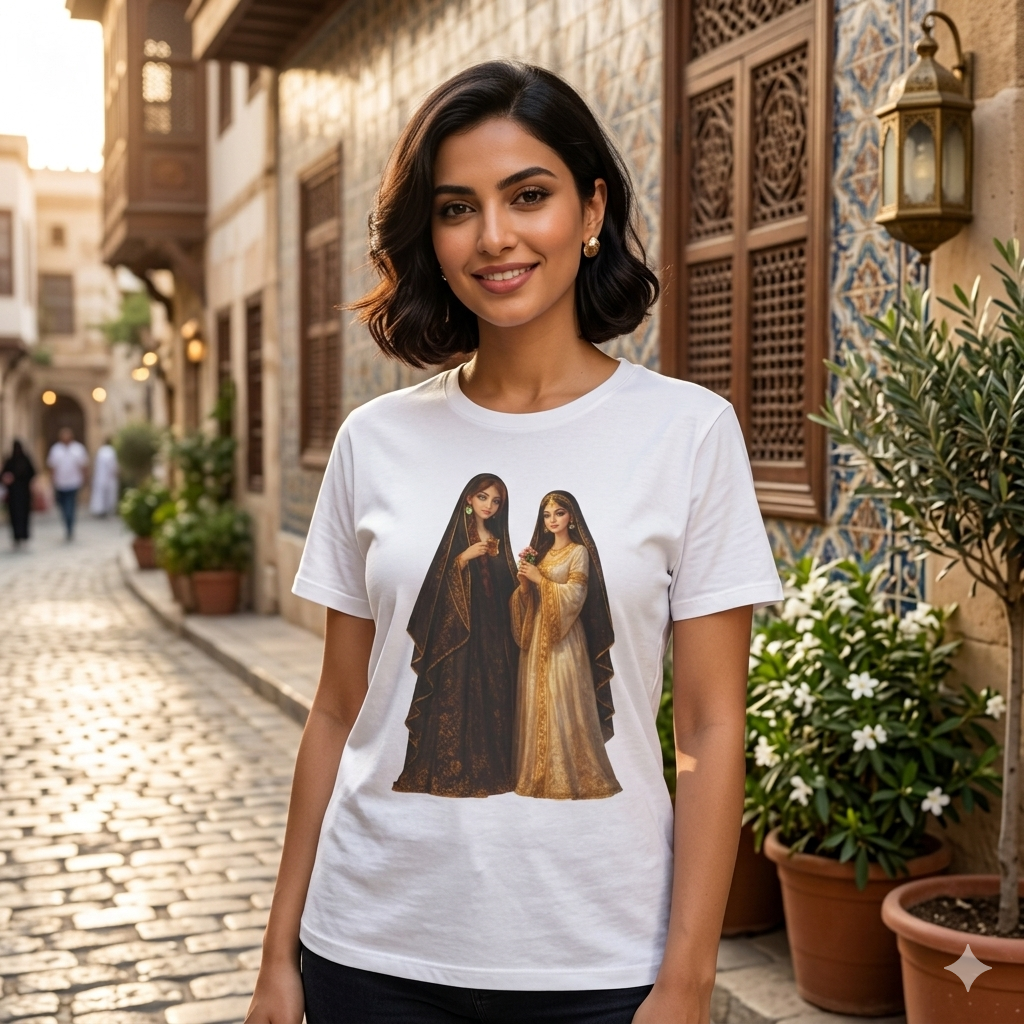 Middle Eastern Sisters Illustration T-Shirt — Gold & Black Traditional Dress Graphic Tee