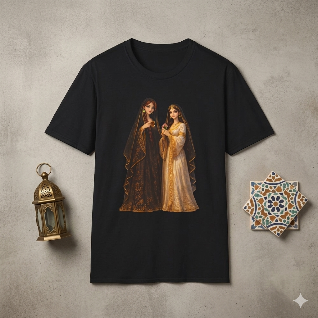 Middle Eastern Sisters Illustration T-Shirt — Gold & Black Traditional Dress Graphic Tee