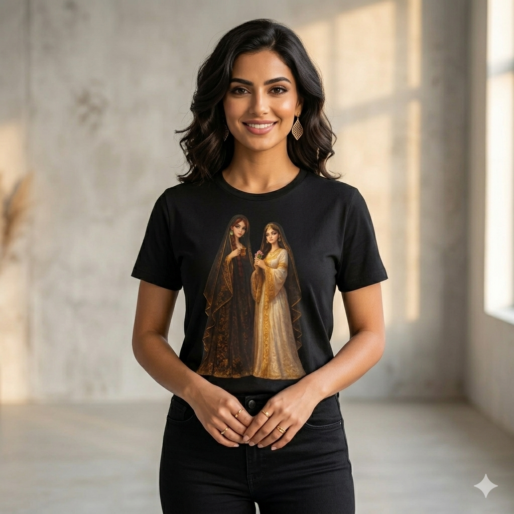 Middle Eastern Sisters Illustration T-Shirt — Gold & Black Traditional Dress Graphic Tee