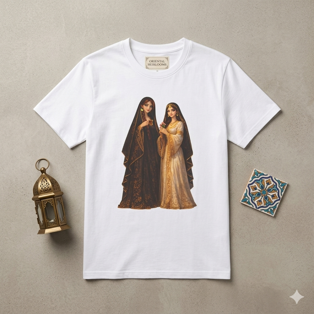 Middle Eastern Sisters Illustration T-Shirt — Gold & Black Traditional Dress Graphic Tee