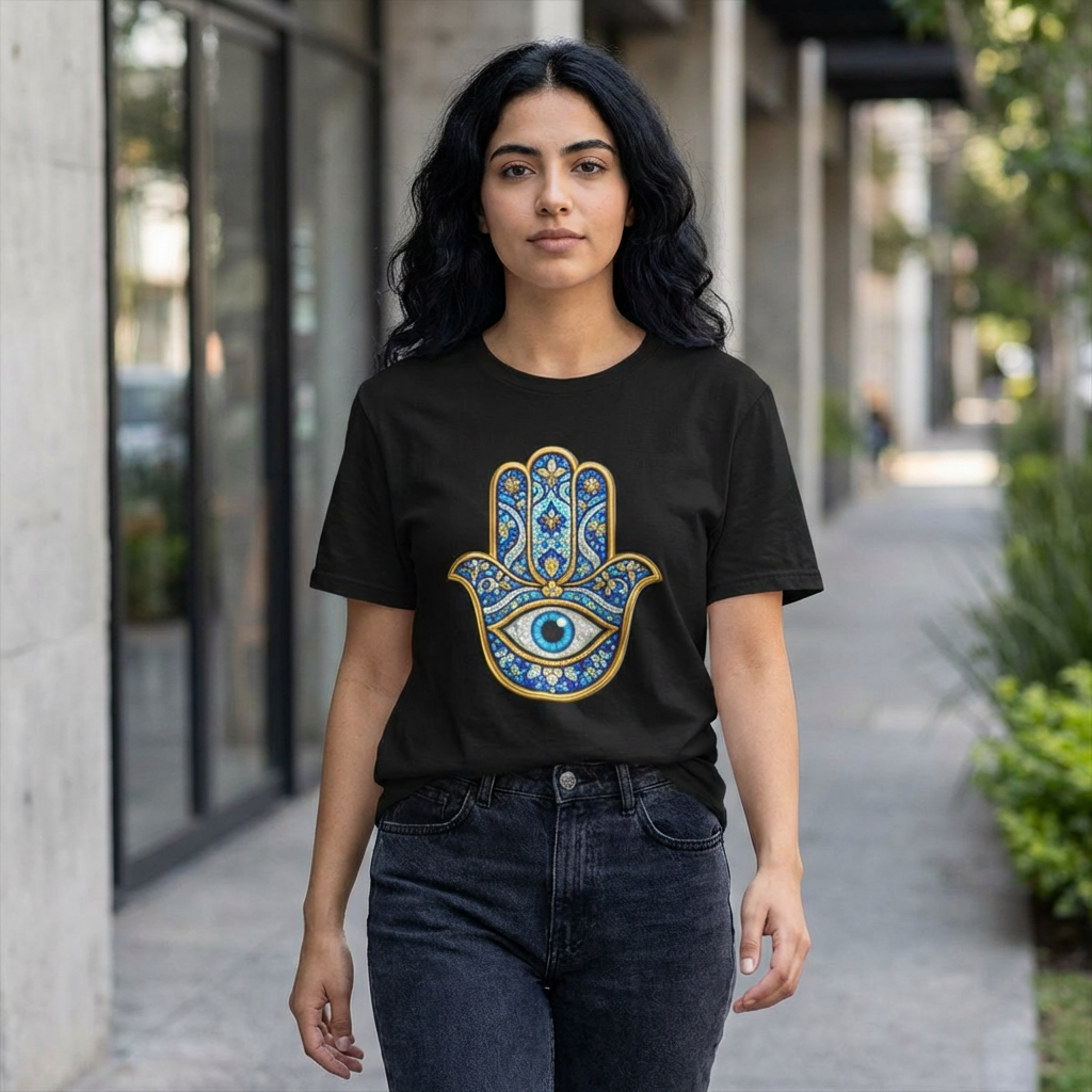 Hamsa Hand T-Shirt with Evil Eye – Blue Mosaic Protection Tee