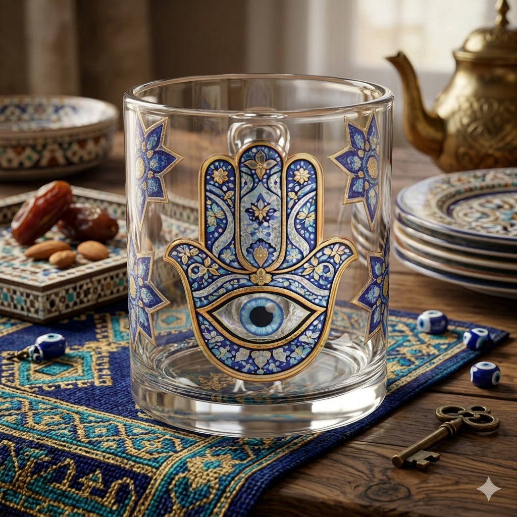 Hamsa Eye Glass Mug — Blue Mosaic Protective Symbol 10oz