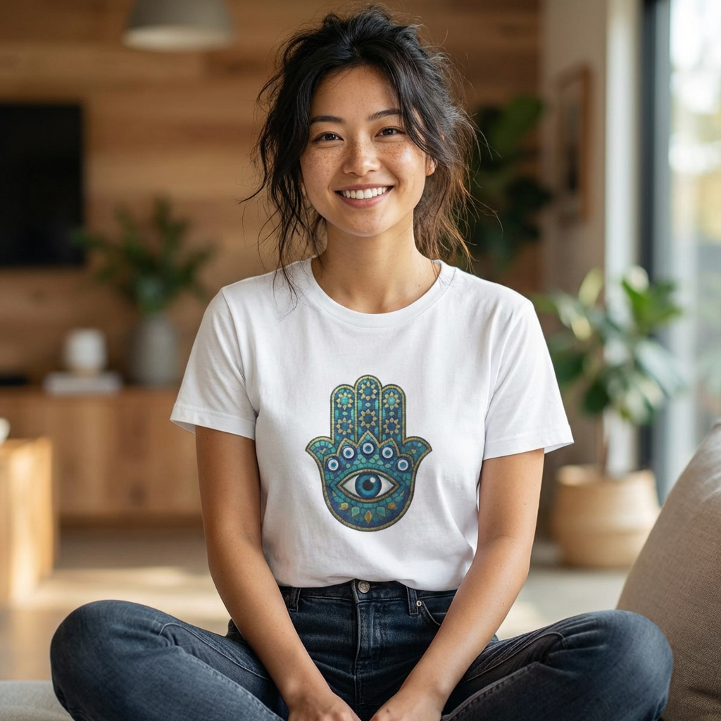 Hamsa Hand Tee with Evil Eye Print — Protective Symbol T-Shirt