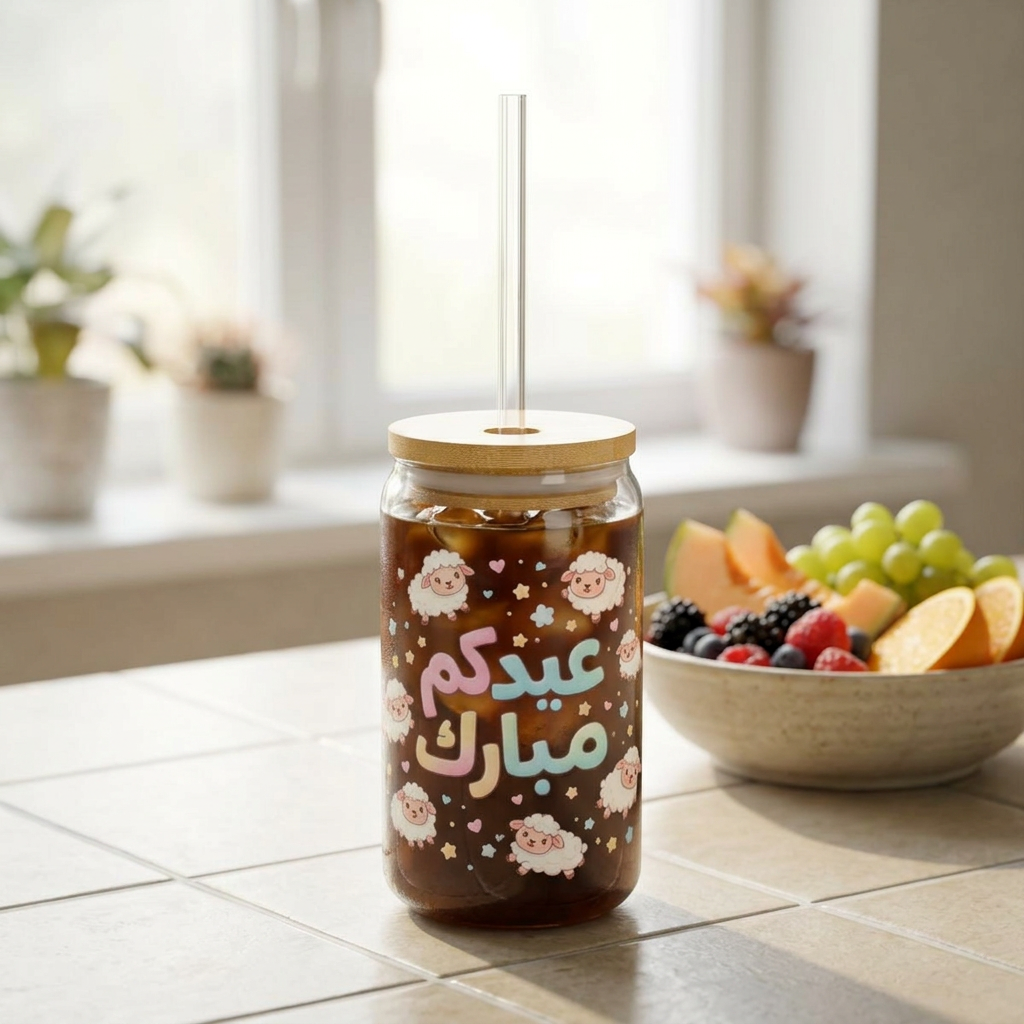 Eid Mubarak Sipper Glass – 16oz Cute Lambs Bamboo Lid Straw