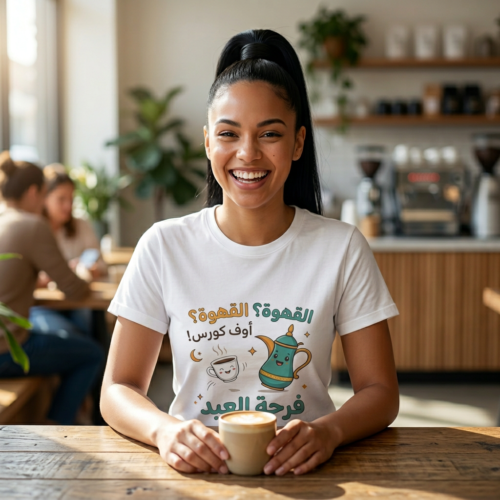Eid Coffee Joy T-Shirt — Arabic "قهوة؟ أوف كورس! فرحة العيد"