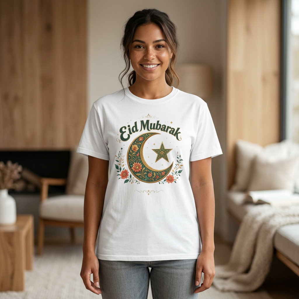 Eid Mubarak Crescent T-Shirt — Floral Moon & Star Ramadan Holiday Tee