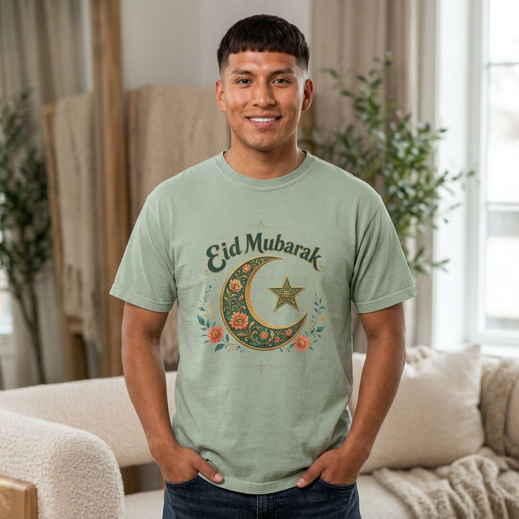 Eid Mubarak Crescent T-Shirt — Floral Moon & Star Ramadan Holiday Tee