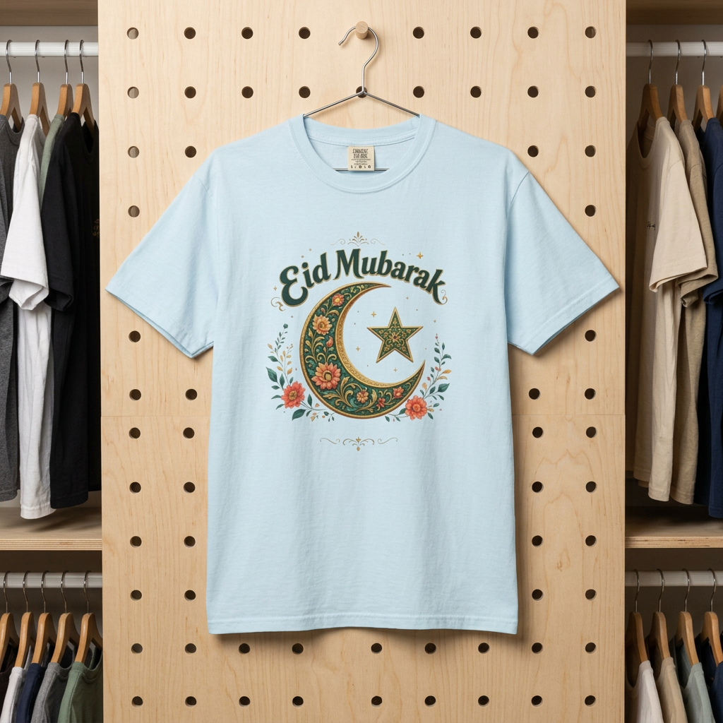 Eid Mubarak Crescent T-Shirt — Floral Moon & Star Ramadan Holiday Tee