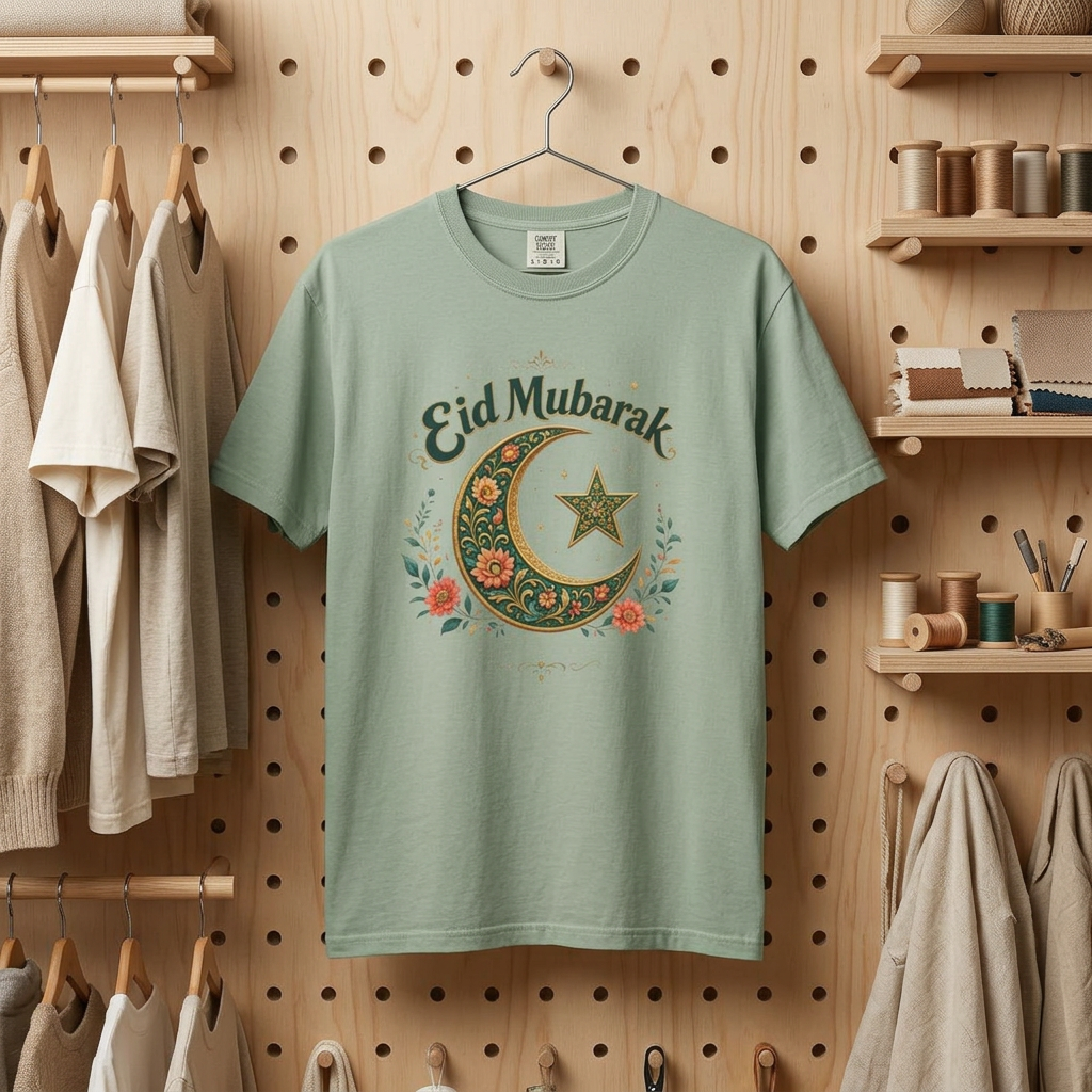 Eid Mubarak Crescent T-Shirt — Floral Moon & Star Ramadan Holiday Tee