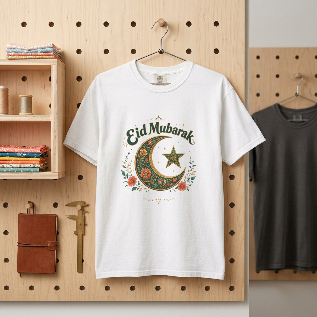 Eid Mubarak Crescent T-Shirt — Floral Moon & Star Ramadan Holiday Tee