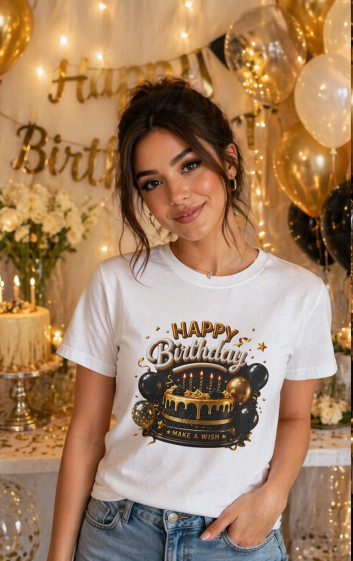 Birthday Cake & Balloons T-Shirt — "Happy Birthday" Celebration Tee