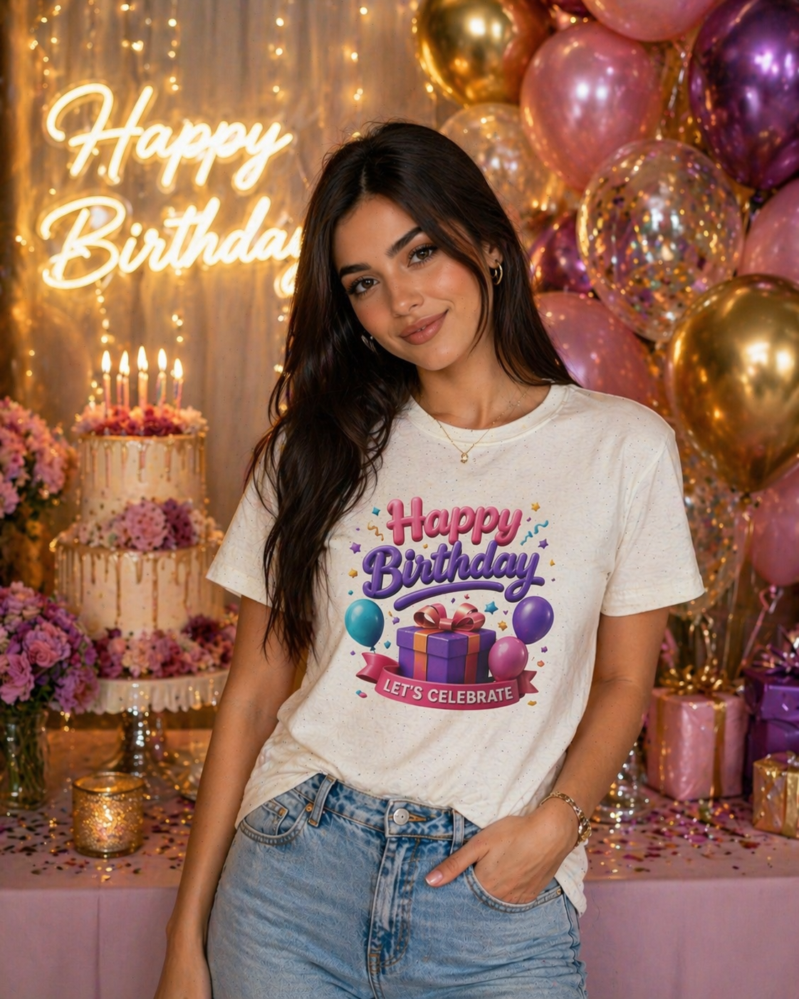 Birthday T-Shirt — "Happy Birthday" Gift Tee with Balloons & Present