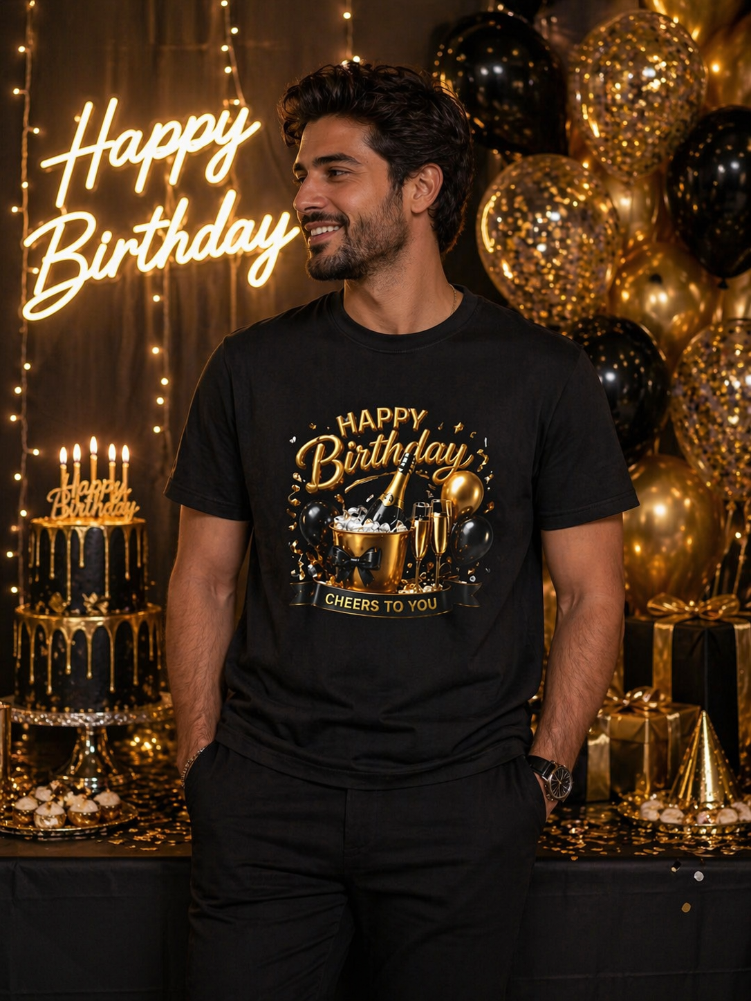 Birthday Cheers T-Shirt — "Happy Birthday" Champagne & Balloons Design