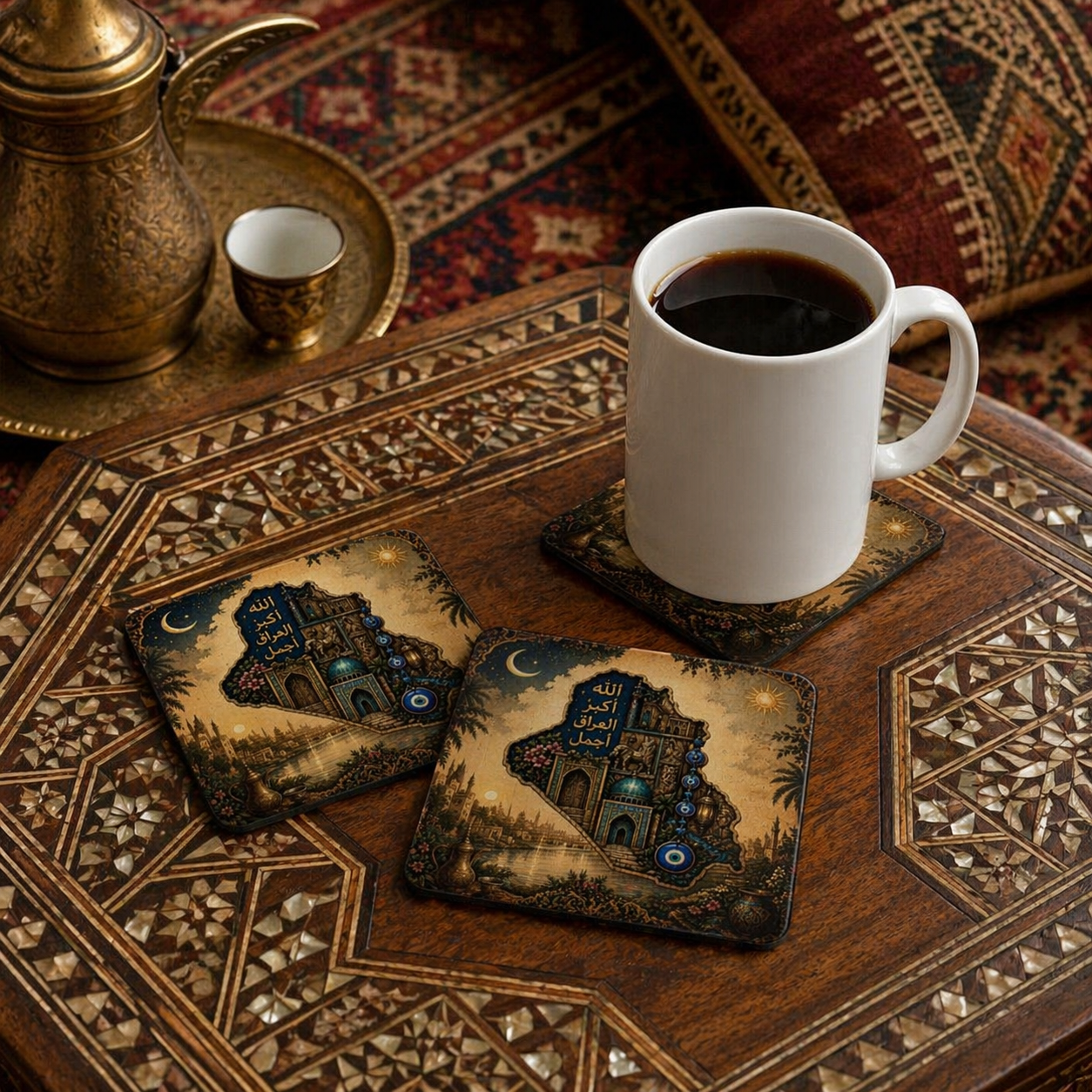 Iraq Map Corkwood Coaster Set — Vintage Islamic Calligraphy & Nazar Charm Drink Coasters