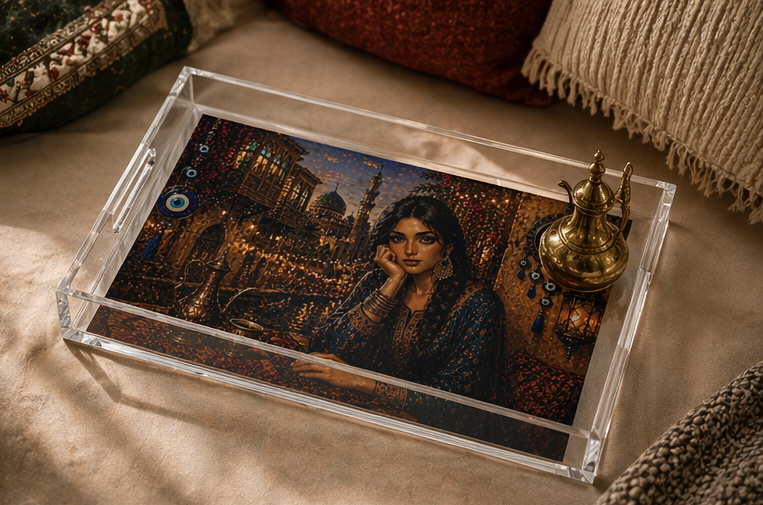 Iraqi Nights Acrylic Serving Tray — Exotic Middle Eastern Portrait Decor