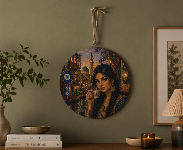 Round Middle Eastern Portrait Wood Sign — Evil Eye Decor, Arabian Tea Lady Wall Art