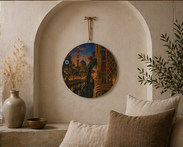 Round Middle Eastern Portrait Wood Sign – Vintage Arabian Night Wall Art