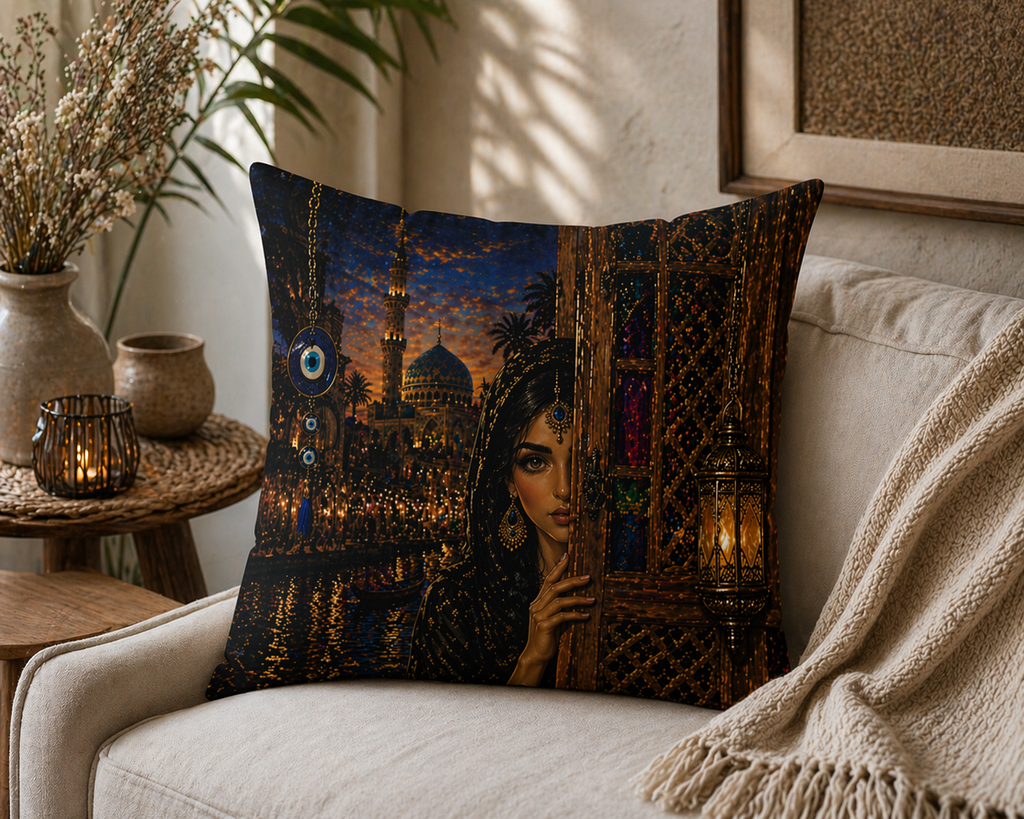 Middle Eastern Night Decorative Pillow — Mystic Princess Mosque Scene