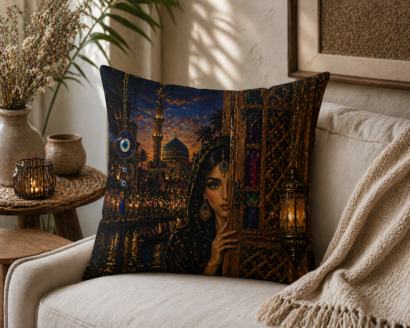 Middle Eastern Night Decorative Pillow — Mystic Princess Mosque Scene