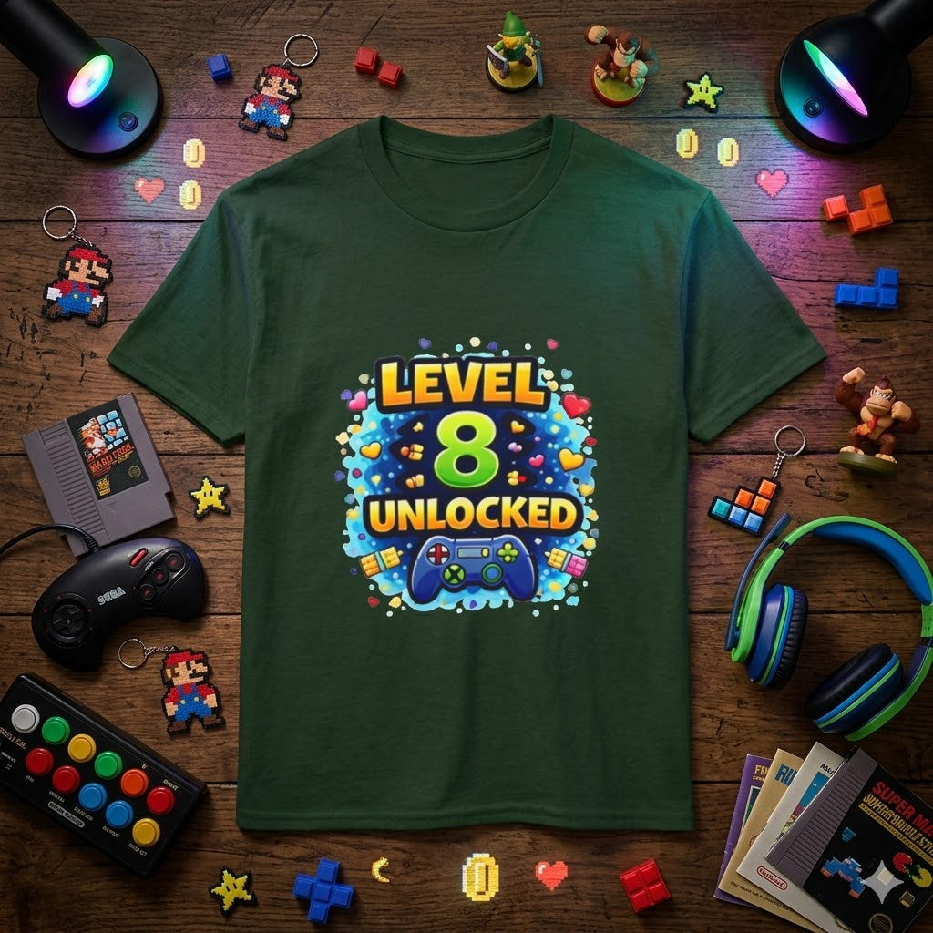 Kids T-Shirt — "Level 8 Unlocked" Birthday Gamer Tee