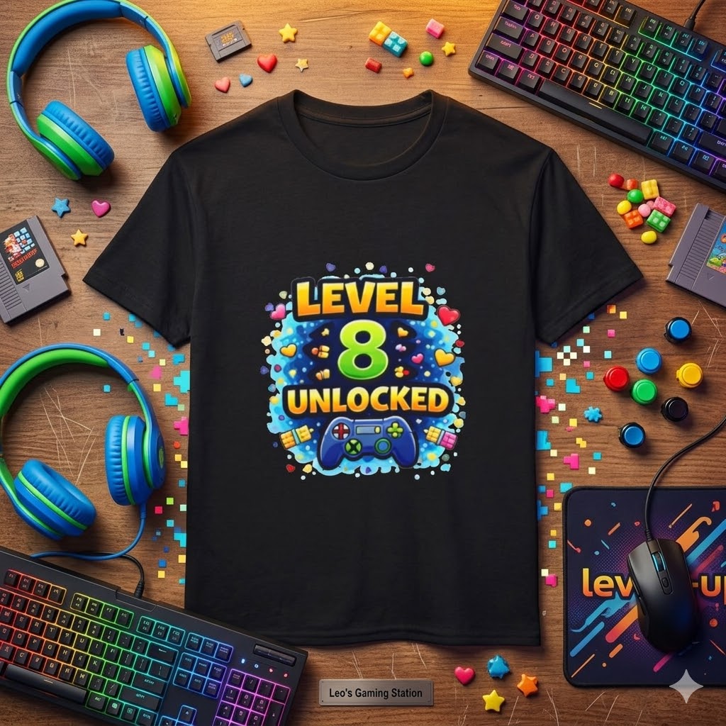 Kids T-Shirt — "Level 8 Unlocked" Birthday Gamer Tee