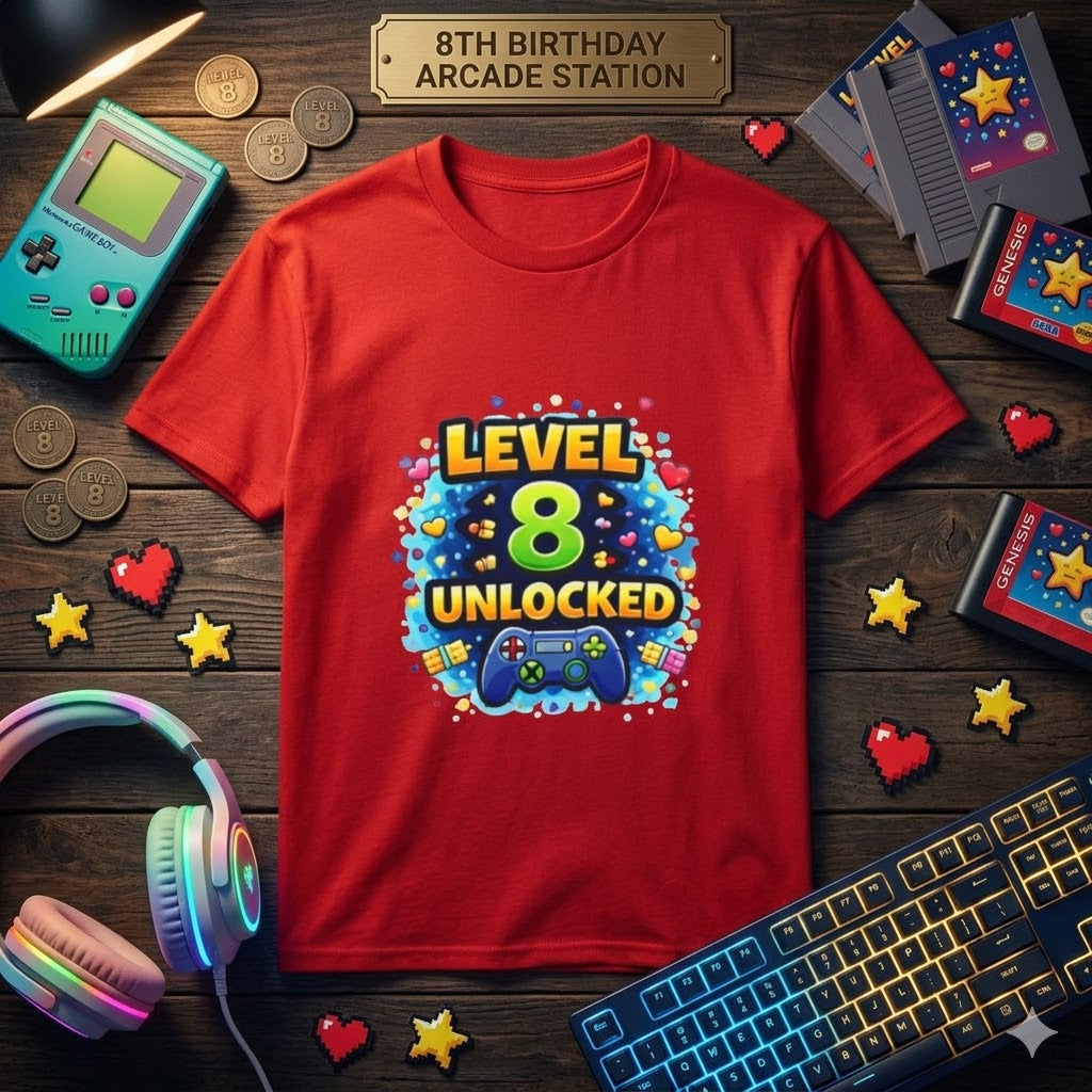 Kids T-Shirt — "Level 8 Unlocked" Birthday Gamer Tee