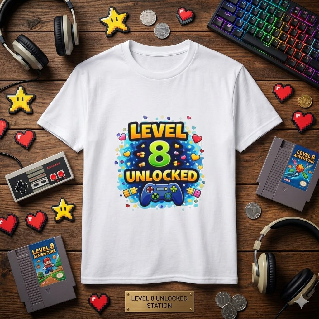 Kids T-Shirt — "Level 8 Unlocked" Birthday Gamer Tee