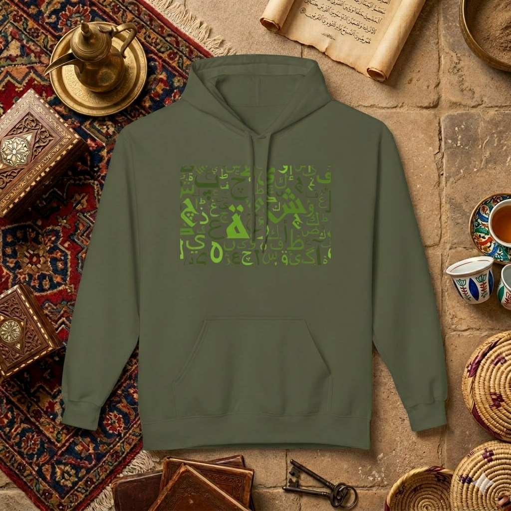 Arabic Alphabet Hoodie – Green Calligraphy Letters Sweatshirt