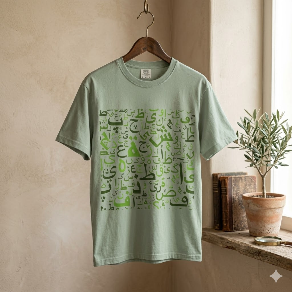 Arabic Calligraphy Letters T-Shirt — Green Typographic Alphabet Tee