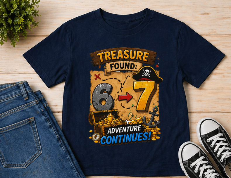 Kids T-Shirt - "Treasure Found: 6-7 Adventure Continues" Pirate Birthday Tee
